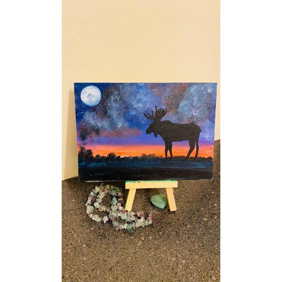 Elk Painting Starry Night Galaxy Art 5x7" Original Fine Art Hardboard Oil - Picture 5 of 8